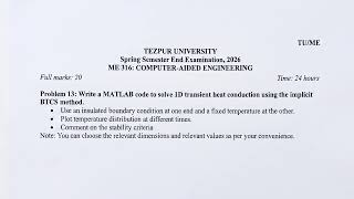 MEB23042: Write a MATLAB code to solve 1D transient heat conduction using the implicit BTCS method.