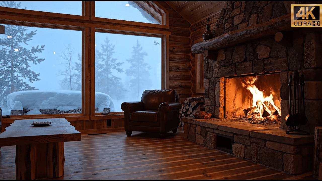 Snowstorm Outside ❄️ Cozy Cabin Fireplace 4K | Kar Fırtınasında Sıcak Kulübe Ambiyansı