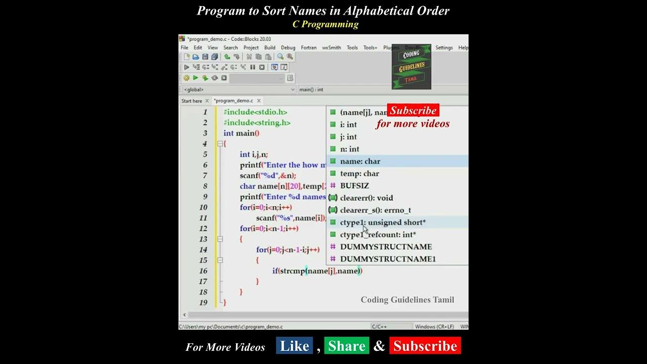 Program to Sort Names in Alphabetical Order #short | C Programming ...