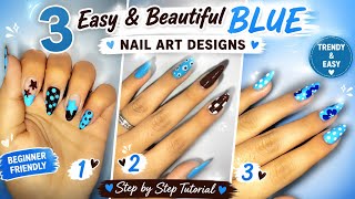3 Easy & Beautiful Blue Nail Art Designs 💙 | Trendy Almond Nails Tutorial | Beginner Friendly #video
