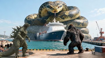 King Kong and Godzilla vs. Giant Python Snakes-A Massive Confrontation at Sea and Across the City