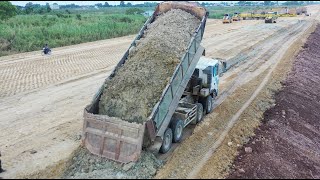 Road Construction Equipment Work - Motor Grader Roller Dump Trucks Excavator Build Road