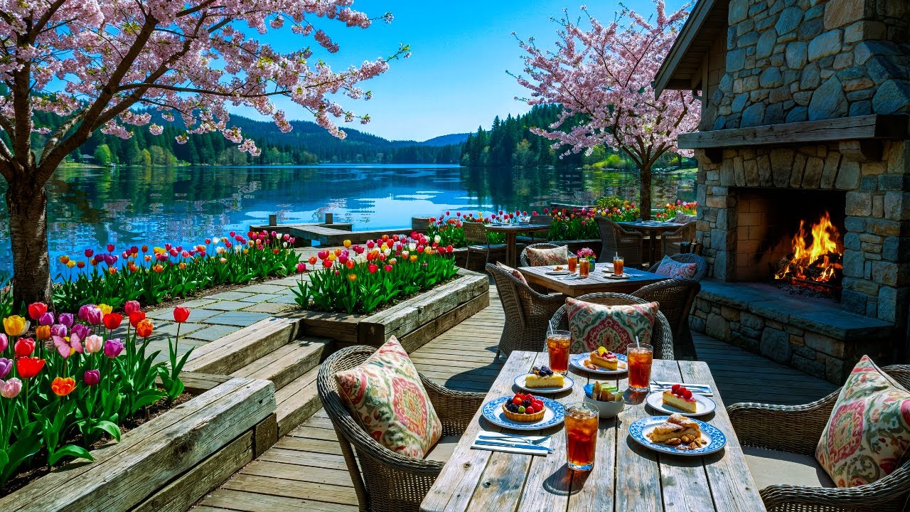 Spring Cafe Outside Cozy Outdoor Spring Cafe Ambience with Smooth Jazz Piano for Calm Study ...