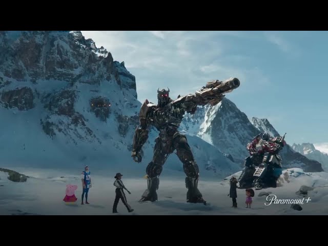 Paramount + advertisement featuring Rise Of The Beasts Scourge u0026 Optimus Prime class=