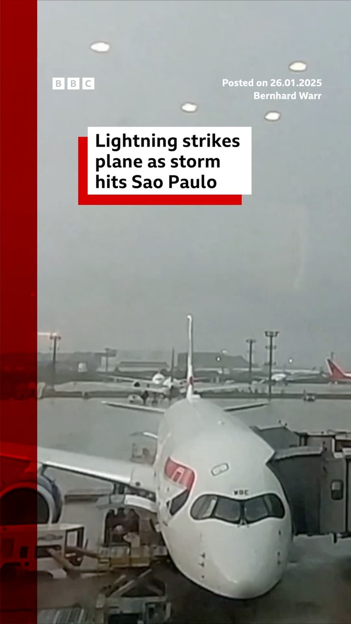 Lightning strikes plane as storm hits Sao Paulo. #Brazil #Weather #BBCNews