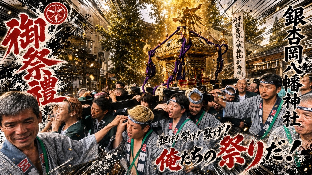 令和8年 銀杏岡八幡神社 例大祭 本社神輿 宮出し立派な渡御｜黄金の