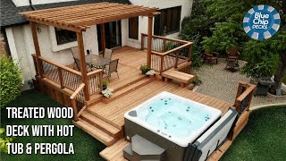 Large Treated Wood Deck Build With Pergola & Hot Tub Area