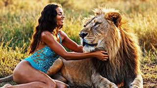 Girl Plays Lion In Swimsuit