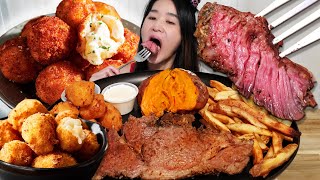RARE SEARED PRIME RIB From Outback Steakhouse! Crispy Mac N' Cheese Bites & Beef Steak Mukbang ASMR