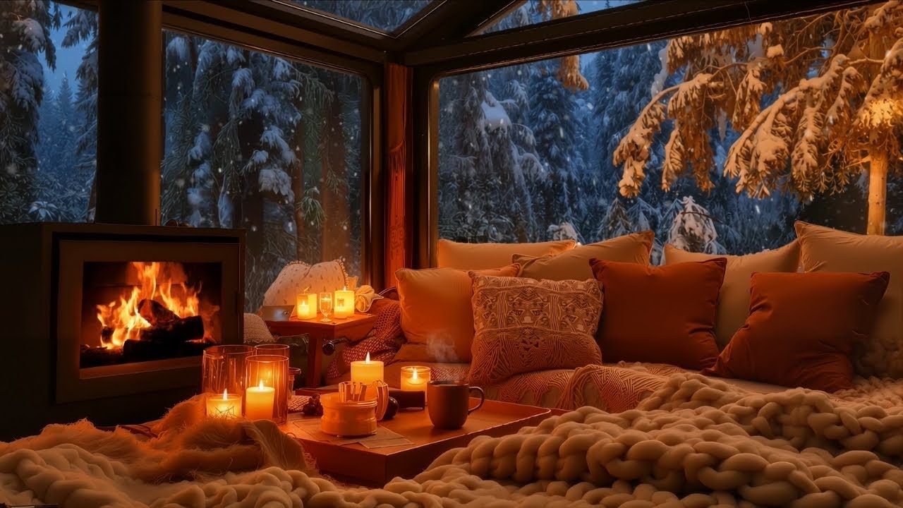 Warm Winter Piano Music ❄️ Cozy Fireplace Porch for Relaxation & Peaceful Nights