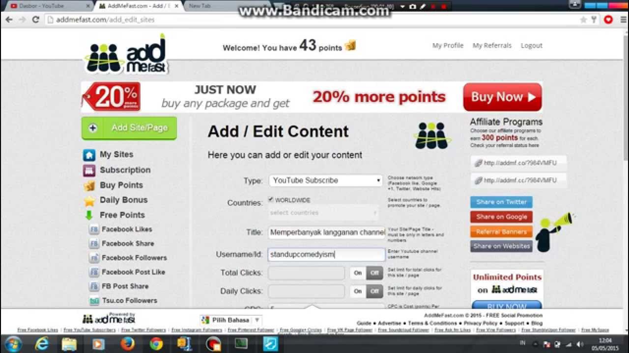 CARA MENAMBAH PELANGGAN YOUTUBE DAN MEMPERBANYAK POINT ADDMEFAST