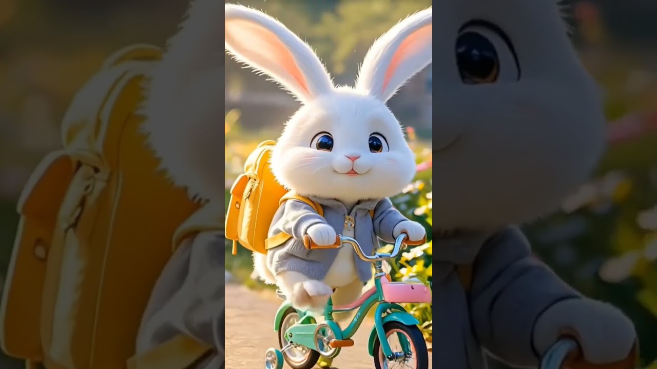 Little rabbit rides his bicycle to school 