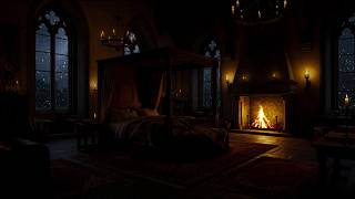 🕯️ Cozy Dark Castle Night 🌧️ Fireplace Crackling 🔥 Rain Sounds for Sleeping | ASMR Ambience