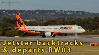 Jetstar Airways (VH-OYX) backracks and departs RW03 at Perth Airport. Jetstar Airways (VH-OYX) backracks and departs RW03 at Perth Airport.