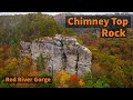 Fall foliage drone view around chimney top rock with the morning fog 4k