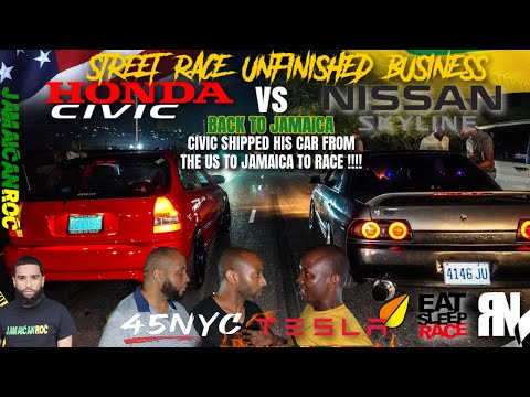 JAMAICA VS NYC STREET RACING 45 NYC TURBO K20 VS SKYLINE R32 MODDED TESLA VS 45 IT GETS HEATED 😱