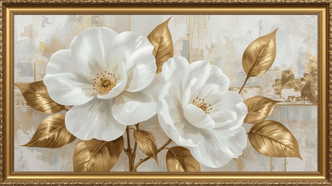 Luxury White & Gold Flowers | Elegant Floral Wall Art for Frame TV | 4K Art Screensaver