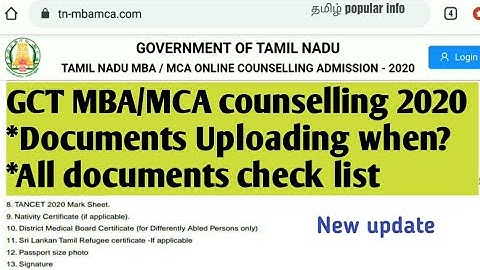 Tancet 2020 MBA/MCA counselling Documents Uploading?/All documents check list