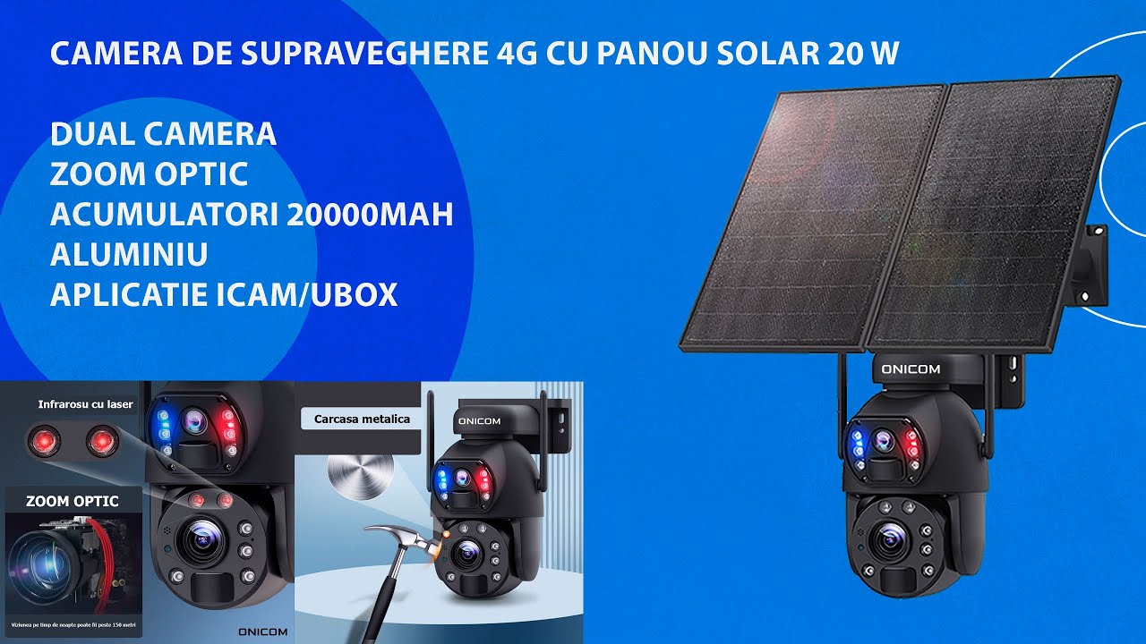 Camera de supraveghere 4G cu panou solar 20 W, dual camera, ZOOM optic
