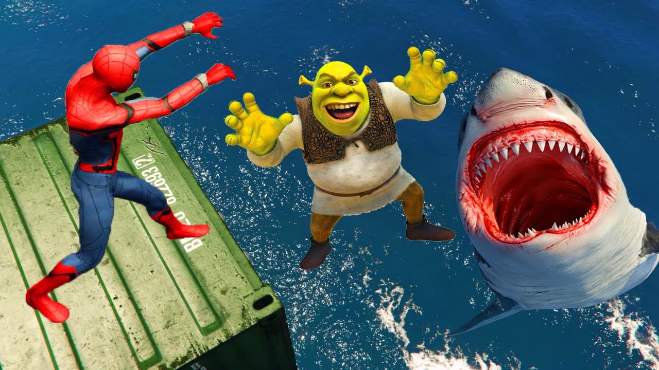 GTA 5 Water Ragdolls Spiderman vs Shrek Jumps Fails (GTA 5 Superhero Battle Euphoria Physics)