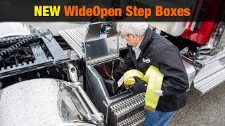 NEW WideOpen Step Boxes for Class 8 Trucks - Available Now
The brand new line of WideOpen Step Boxes from Buyers Products provide spacious, accessible storage for your tractor trailer. The lid of each box opens extra wide, allowing you to stow larger items and easily reach your tools and equipment.
The boxes feature .125 in. thick aluminum construction. The design is heavy duty but light weight, making the boxes extremely durable without adding a lot of weight to your tractor trailer. The hinge and hardware are constructed of corrosion resistant stainless steel. An automotive bulb seal and diecast compression latch with covered key assembly keep water and dirt out of your box. Replaceable grip strut steps provide superior traction in inclement weather and can be swapped out as they wear down.
These boxes are available in 12, 16, 18, 22, 24, 30, and 36 inch widths. Whatever space you have to work with, there’s a WideOpen box to suit your needs.
Learn more at https://www.buyersproducts.com/product/wideopen-class-8-step-boxes-6096. NEW WideOpen Step Boxes for Class 8 Trucks - Available Now
