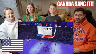 New Zealand Family Reacts to CANADIANS singing the AMERICAN National Anthem after the mic cuts out!