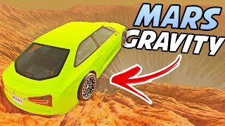 Jumping Cars Off The DESERT CRATER With Different GRAVITY SETTINGS! Mars Gravity!  BeamNG Drive