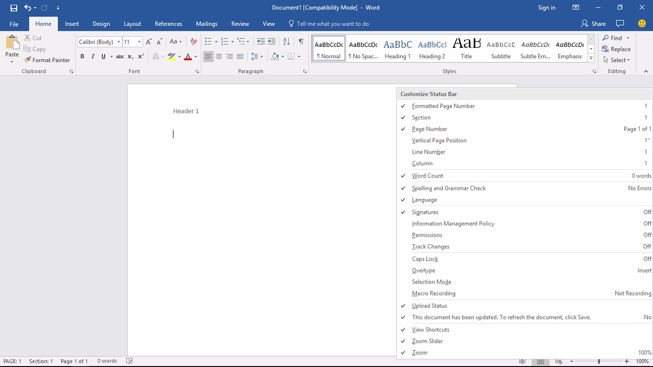 2017 microsoft word header on first page only