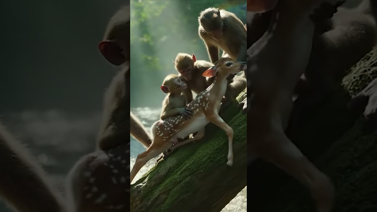 Monkey Chain Saves Fawn From Drowning River Current 
