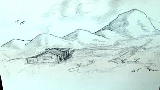 mountains draw landscape clouds birds huts