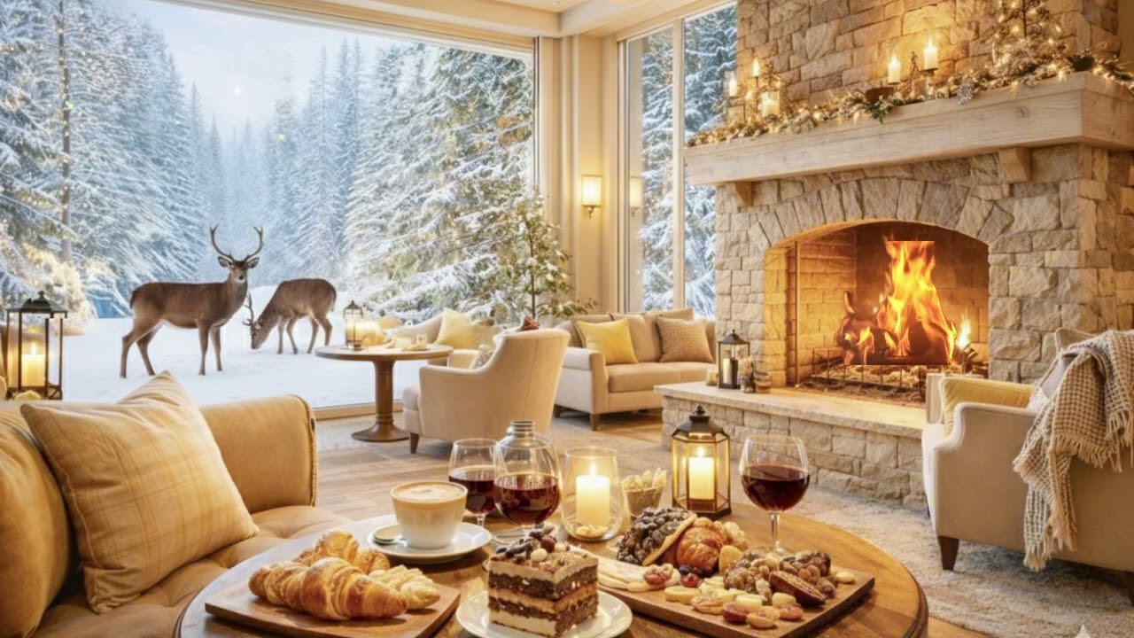 Cozy Winter Café with Deer 🦌☕ | Relaxing Jazz & Fireplace Ambience