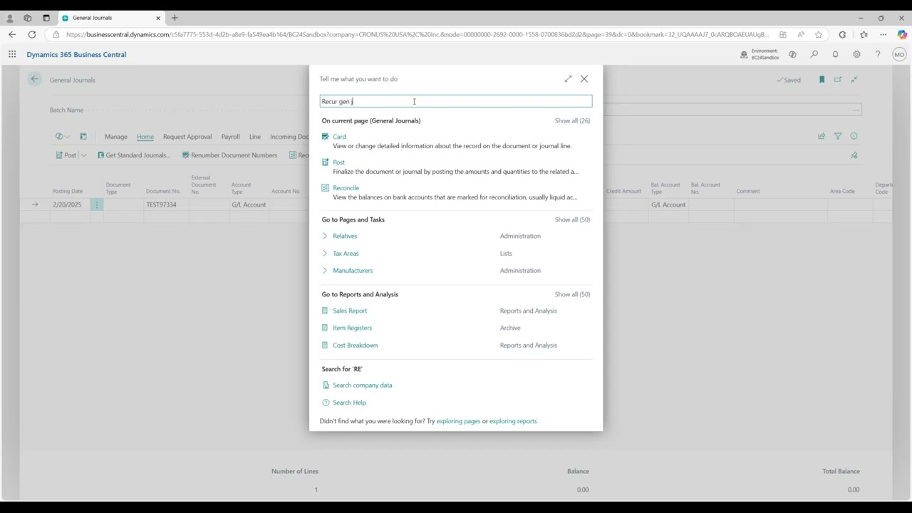 Journal Entry Processing in Business Central - General Journal and Recurring General Journal