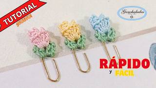 🌷 TRUCO con Sobras de Hilo y 1 Clip ❗ En 1 Minuto Marcapáginas Tulipán en Crochet o Ganchillo