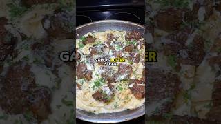 Celebrity Garlic Butter Steak Bites Alfredo Pasta 🔥 recipe (description) ↗️ #garlic #butter #steak #pasta Net Worth
