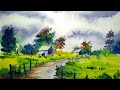 Watercolor Painting Village Scenery Blue Sky, Easy For Beginners 2020