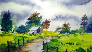 Watercolor Painting Village Scenery Blue Sky, Easy For Beginners 2020