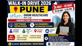 Pune Walk-in Drive 2026 | Software Developer & Testing Jobs for Freshers | Direct Interview