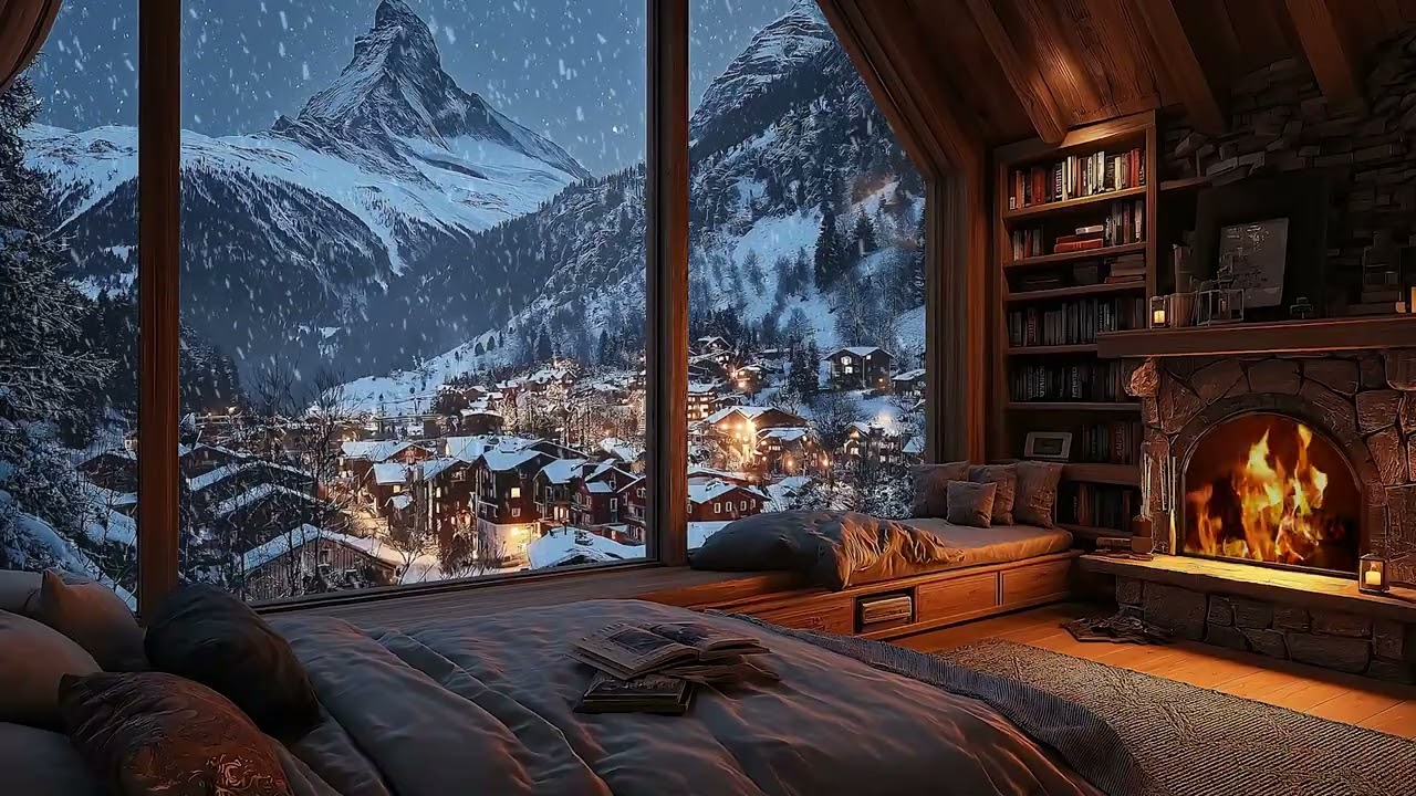 Peaceful Snowy Forest View from a Cozy Cabin Fireplace with Gentle Piano Music for Deep Sleep