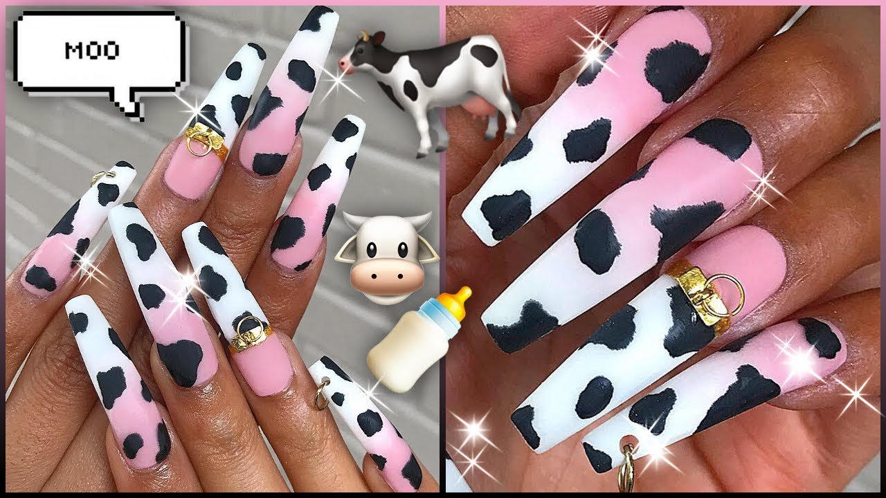 Pink Cow Print Nails Coffin Follow her on instagram paolaponcenails