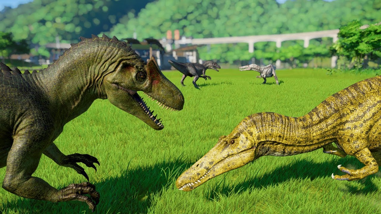 Jurassic World Evolution - 2 Allosaurus vs 2 Suchomimus - YouTube.