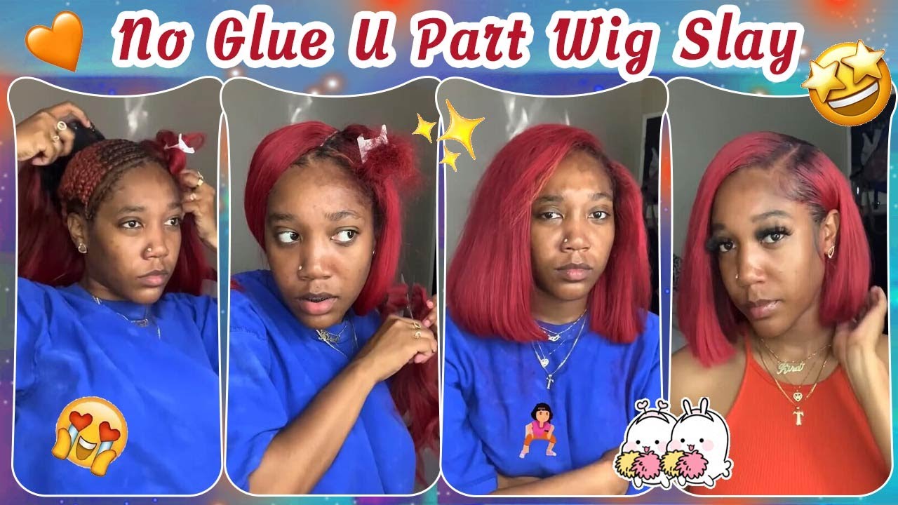 😏Glueless U Part Wig w/ Side Part Fake Sew In | Red Hair Dye & Blunt Cut Bob Ft.