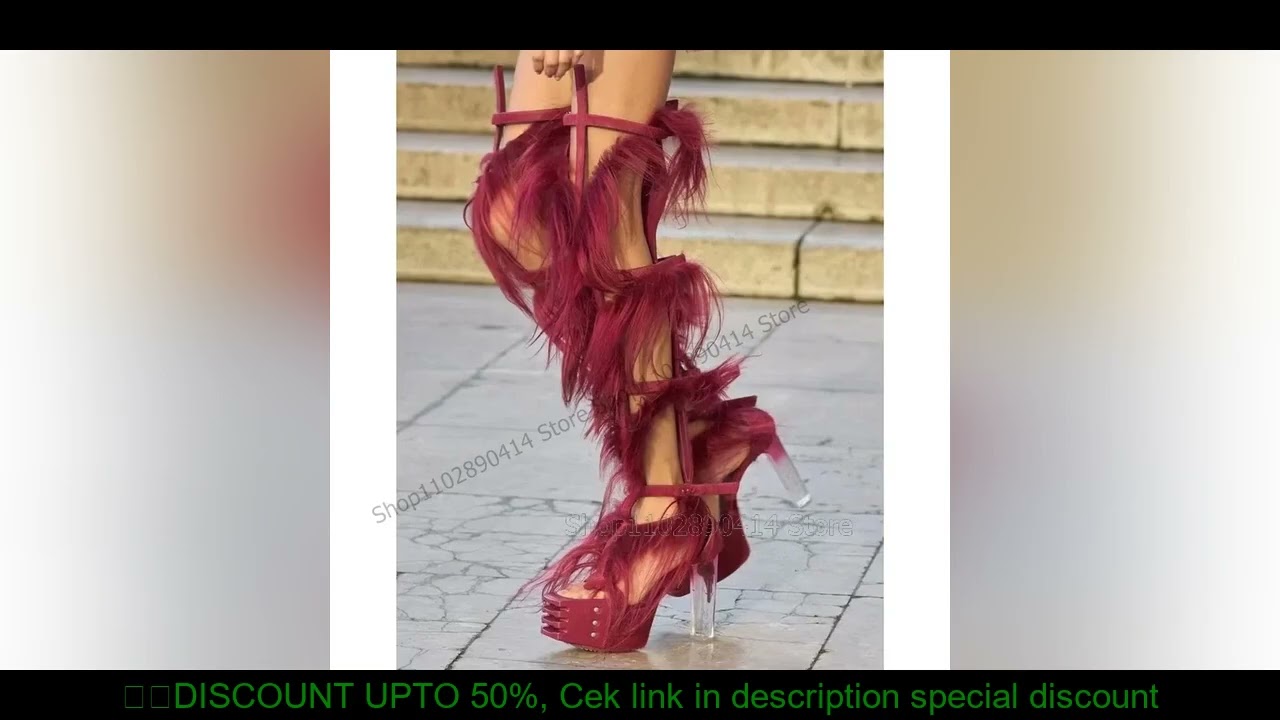Burgandy Fur Hollow Design Crystal Heel Runway Boots Back Zipper Women Shoes Chunky High Heels Banqu