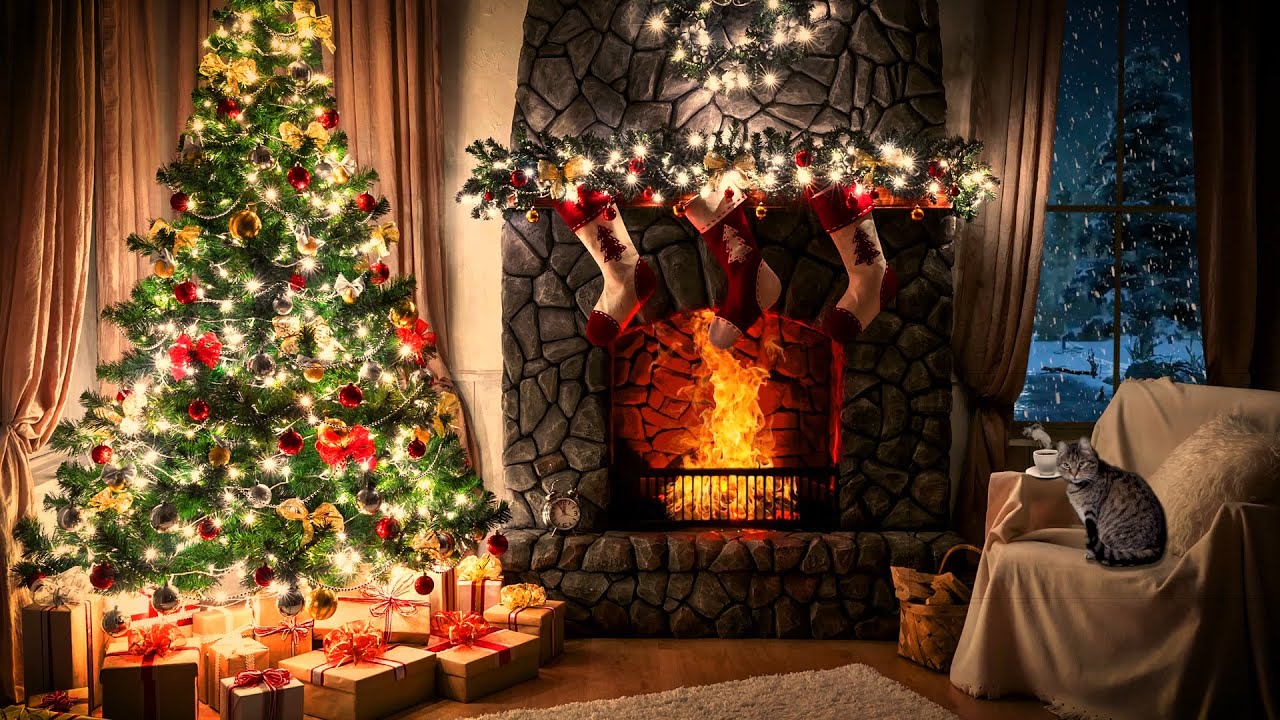 Christmas Ambience Crackling Fireplace, Blizzard Sounds, Snow Fall
