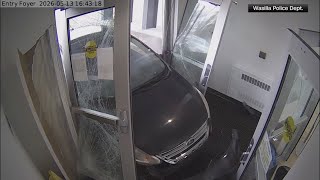 Surveillance video shows man drive through front doors of Alaskan police station