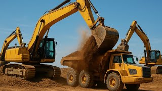 Dev Kamyonlar Ve Kepçeler Kum Taşıyor Asmr İnşaat Sesi- Mive Dump Trucks Excavators Moving Soil