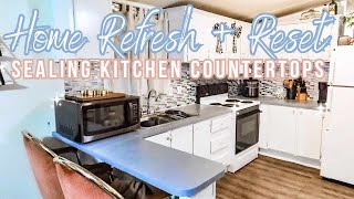 HOME REFRESH MAKEOVER / SEALING KITCHEN COUNTERTOPS WITH POLYACRYLIC // HOME RESET 2024 // KIMI COPE
