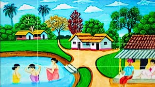 Beautiful Village Landscape Scenery Painting | Indian Village Scenery Painting With Acrylic Color.