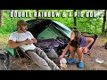 Tent tarp camping in stormy weather  double rainbow   relaxing dad daughter camp