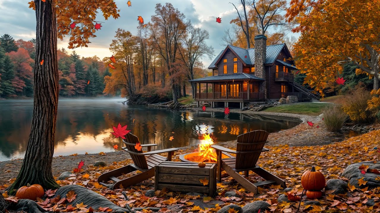 Autumn Lakeside Escape 🍂 Cozy Firepit by the Cabin with Falling Leaves ...