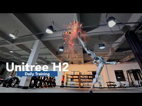 Unitree H2 humanoid robot's daily training: soaring kicks and mid-air spins